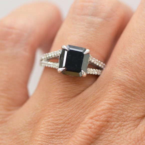 Black Diamond Split Shank Alternative Engagement Ring 14K White Gold 3.76 TCW - Picture 6 of 9